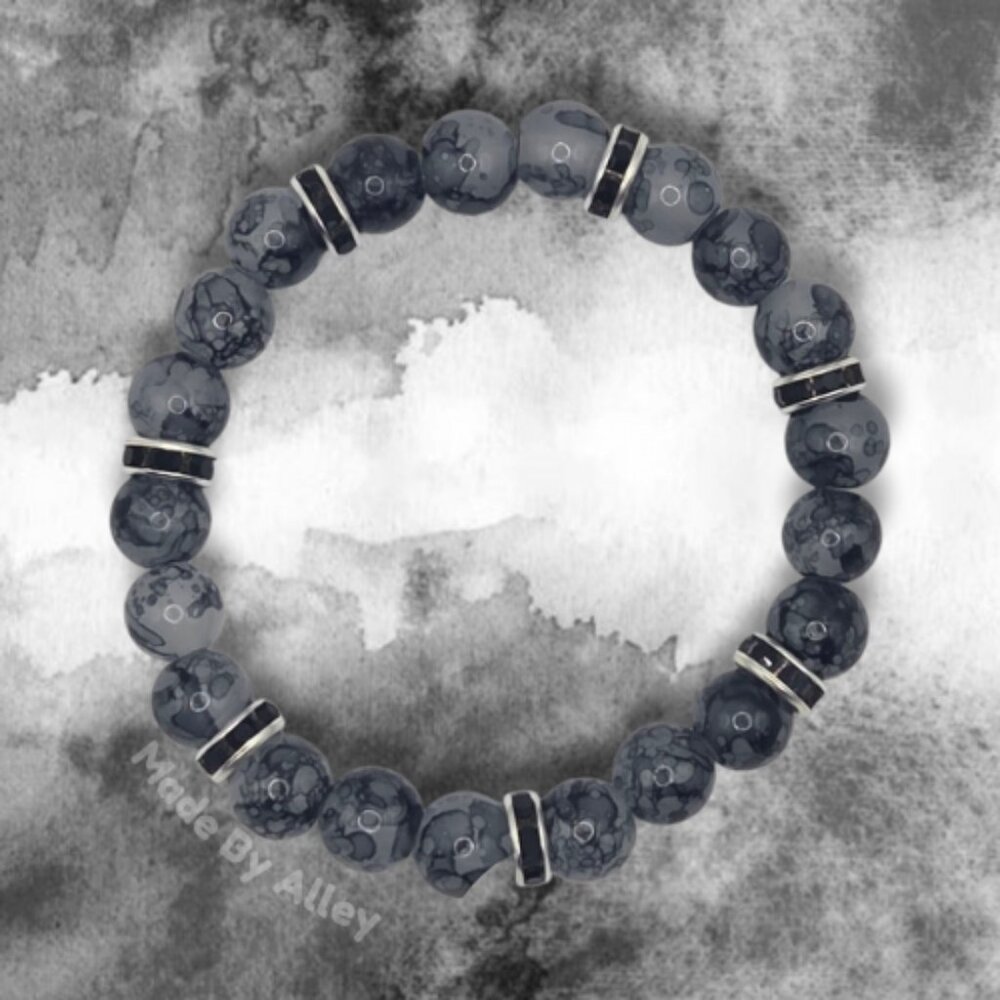 Black and Gray 8mm Handmade Glass Beaded Bracelet with Black rhinestones